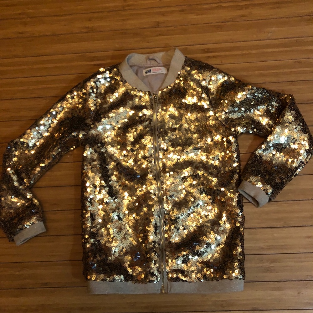 H&M Girls Gold Sequin Bomber Jacket Size 7:8